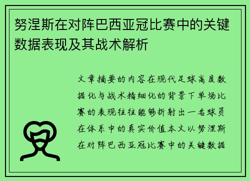 努涅斯在对阵巴西亚冠比赛中的关键数据表现及其战术解析